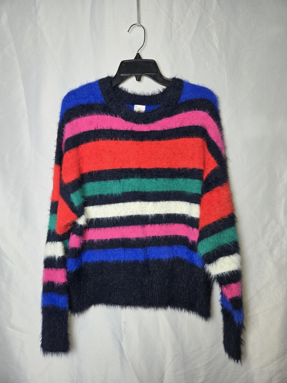 a new day Navy Fuzzy Crewneck Sweater with Bright Multi Stripes